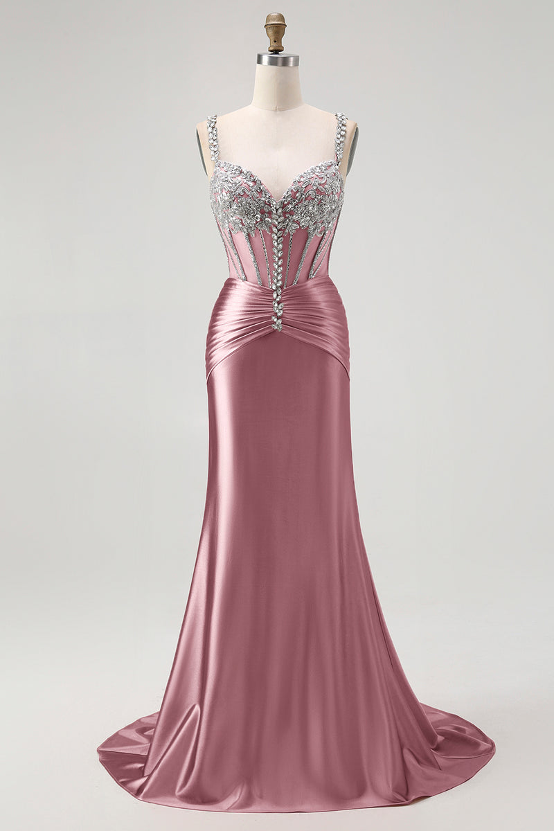 Load image into Gallery viewer, Sparkly Blush Mermaid Spaghetti Straps Satin Long Corset Prom Dress with Beading