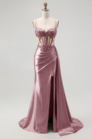 Load image into Gallery viewer, Sparkly Champagne Mermaid Satin Spaghetti Straps Long Prom Dress with Beading