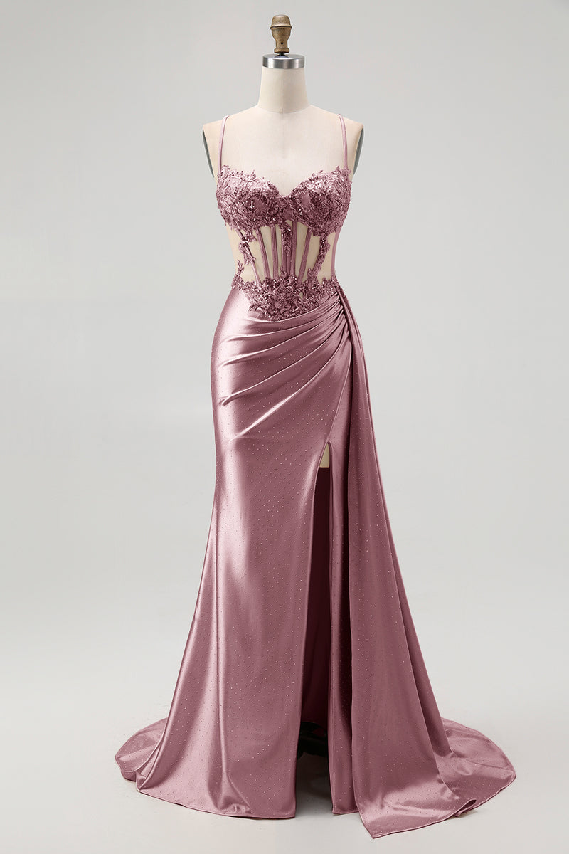 Load image into Gallery viewer, Sparkly Champagne Mermaid Satin Spaghetti Straps Long Prom Dress with Beading
