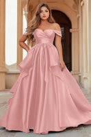 Load image into Gallery viewer, Dark Green Off the Shoulder Satin Long Prom Dress with Ruffles