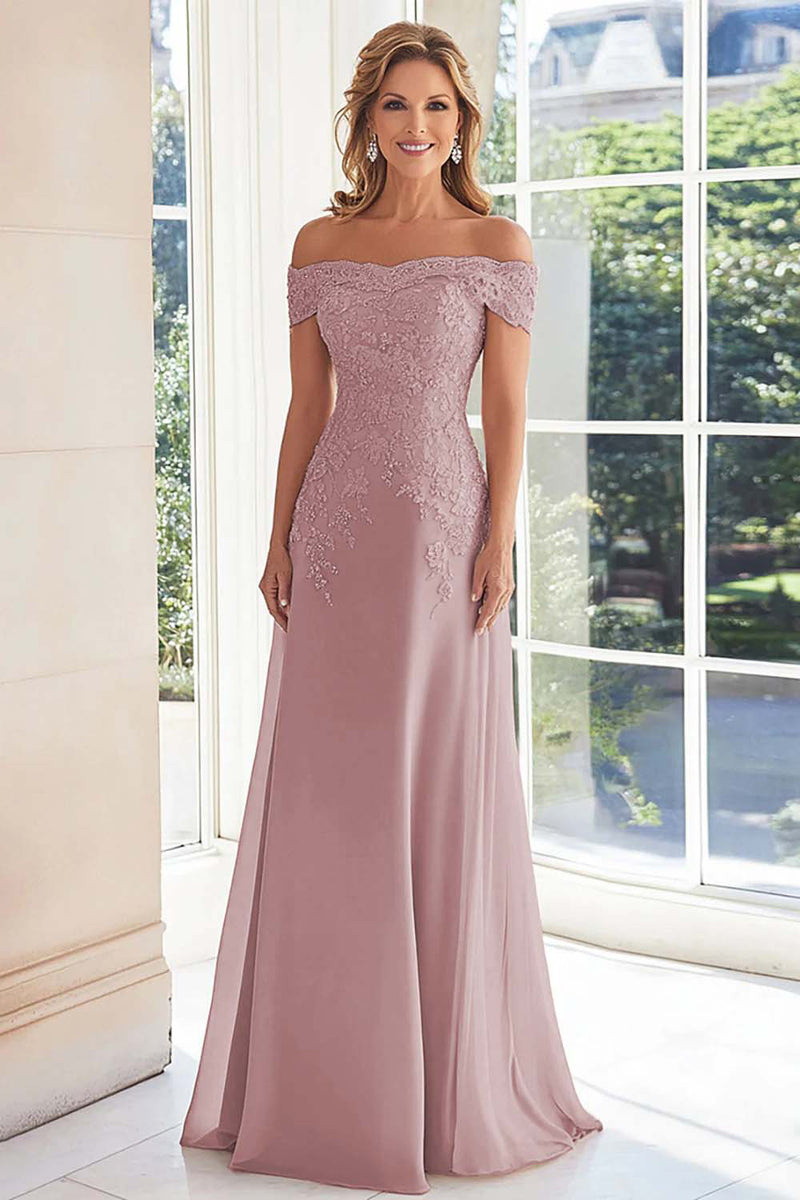 Load image into Gallery viewer, Off The Shoulder Elegant Taupe Sheath Mother of the Bride Dress with Lace