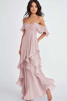 Load image into Gallery viewer, Dusty Blue Ruffled Off the Shoulder Long Formal Dress