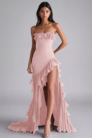 Load image into Gallery viewer, Strapless Black Tiered Long Chiffon Formal Dress with Slit