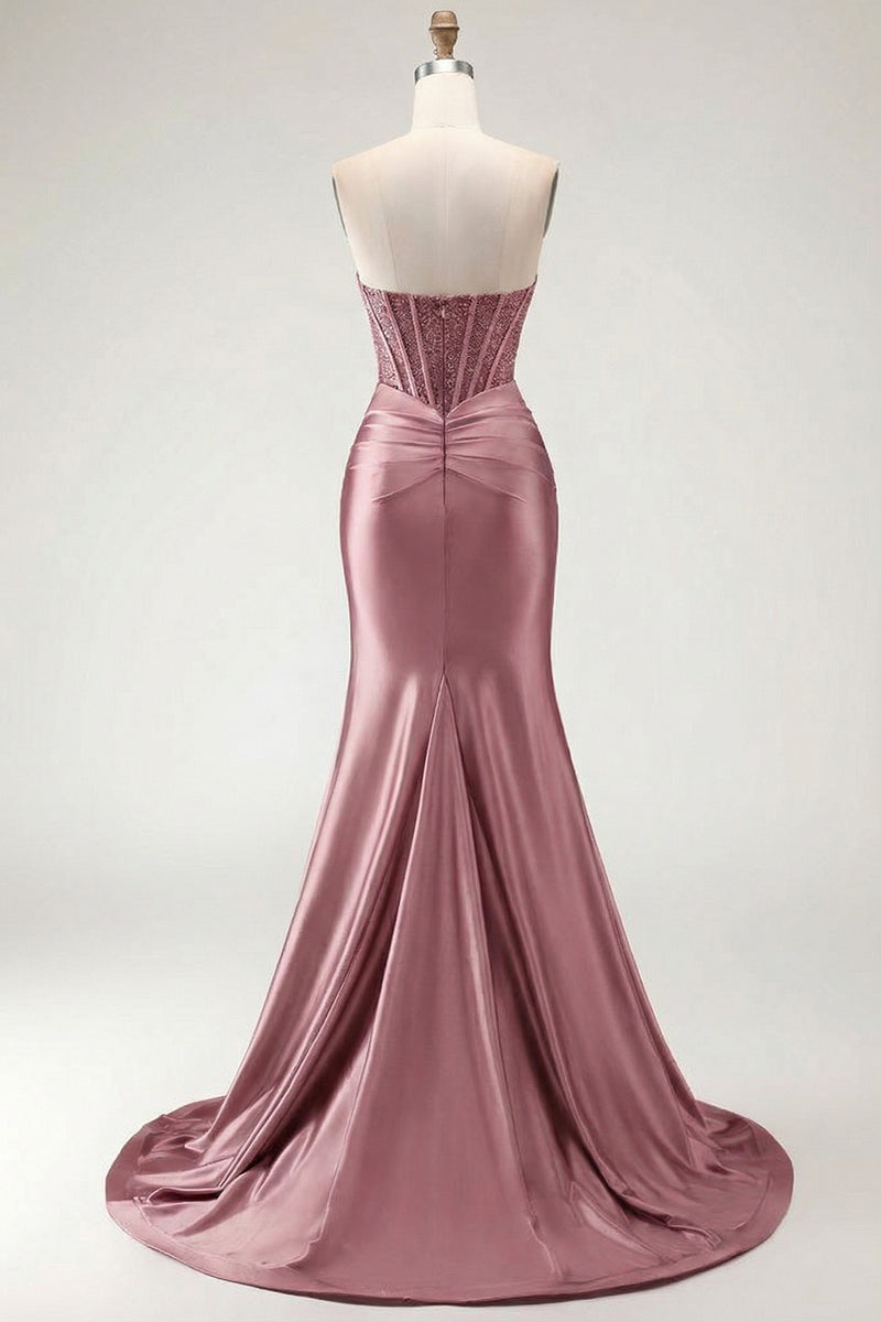Load image into Gallery viewer, Burgundy Mermaid Satin Long Corset Prom Dress with Slit