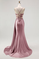 Load image into Gallery viewer, Sparkly Champagne Mermaid Satin Spaghetti Straps Long Prom Dress with Beading