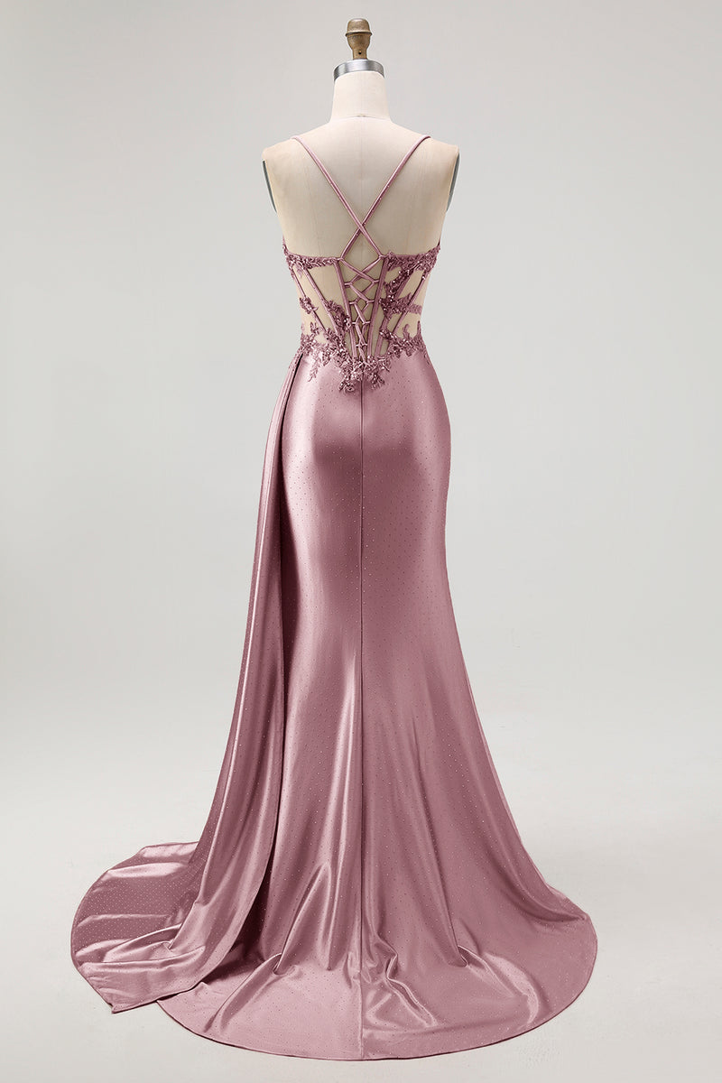 Load image into Gallery viewer, Sparkly Champagne Mermaid Satin Spaghetti Straps Long Prom Dress with Beading