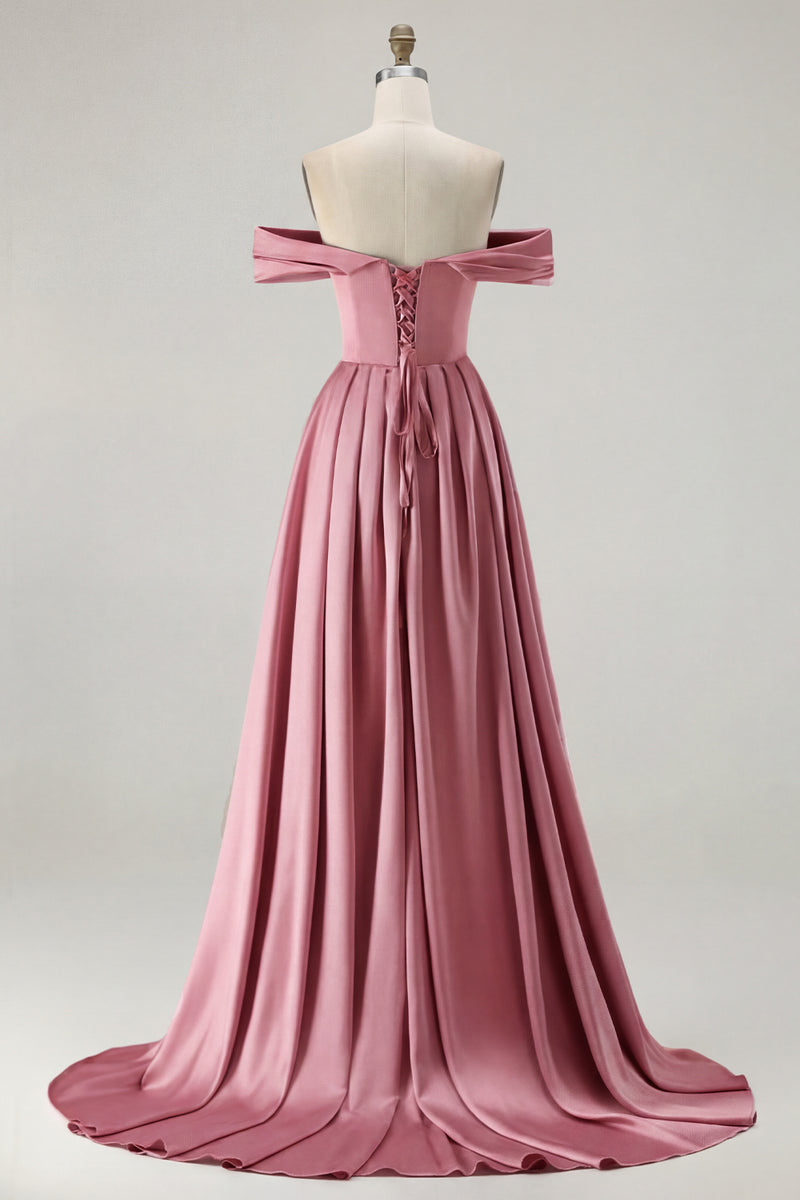 Load image into Gallery viewer, Blue A Line Off the Shoulder Satin Long Prom Dress with Slit