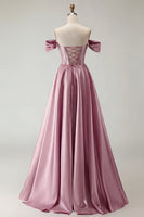 Load image into Gallery viewer, Sparkly Purple A Line Beaded Satin Long Corset Prom Dress with Slit