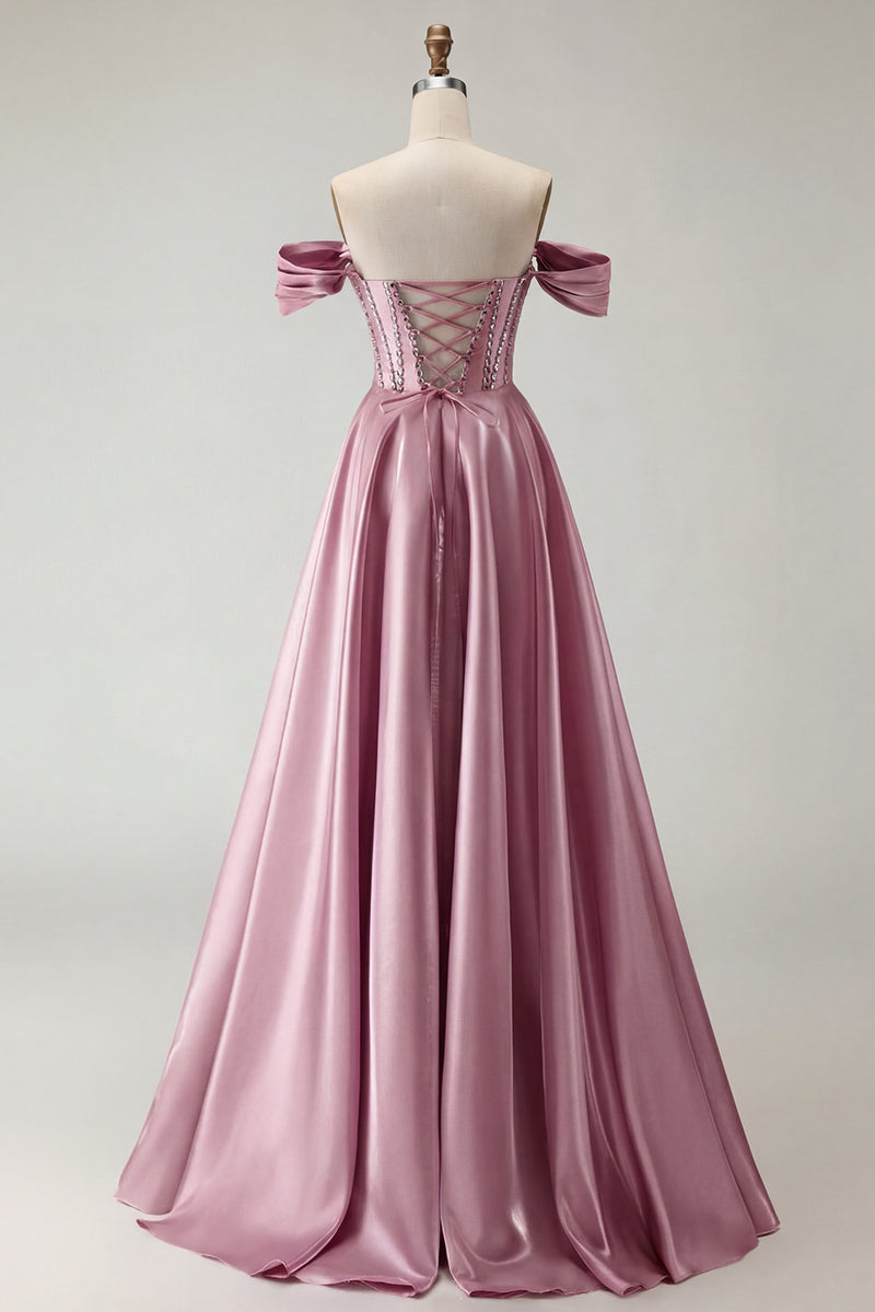 Load image into Gallery viewer, Sparkly Purple A Line Beaded Satin Long Corset Prom Dress with Slit