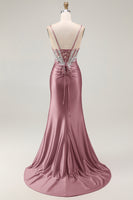 Load image into Gallery viewer, Sparkly Grey Pink Mermaid Satin Long Corset Prom Dress with Slit