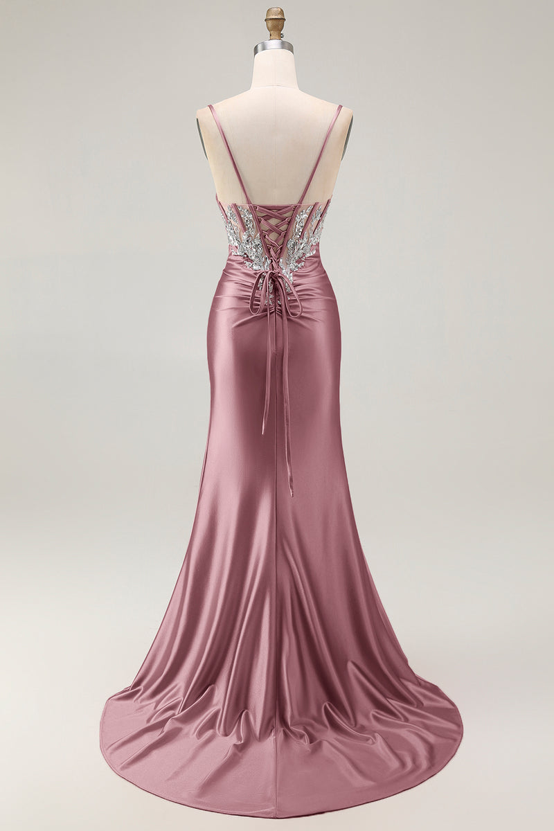 Load image into Gallery viewer, Sparkly Grey Pink Mermaid Satin Long Corset Prom Dress with Slit