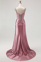 Load image into Gallery viewer, Sparkly Blush Mermaid Spaghetti Straps Satin Long Corset Prom Dress with Beading