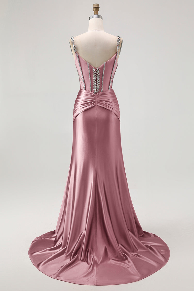Load image into Gallery viewer, Sparkly Blush Mermaid Spaghetti Straps Satin Long Corset Prom Dress with Beading