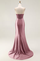 Load image into Gallery viewer, Sparkly Blush Strapless Mermaid Ruched Long Prom Dress with Slit