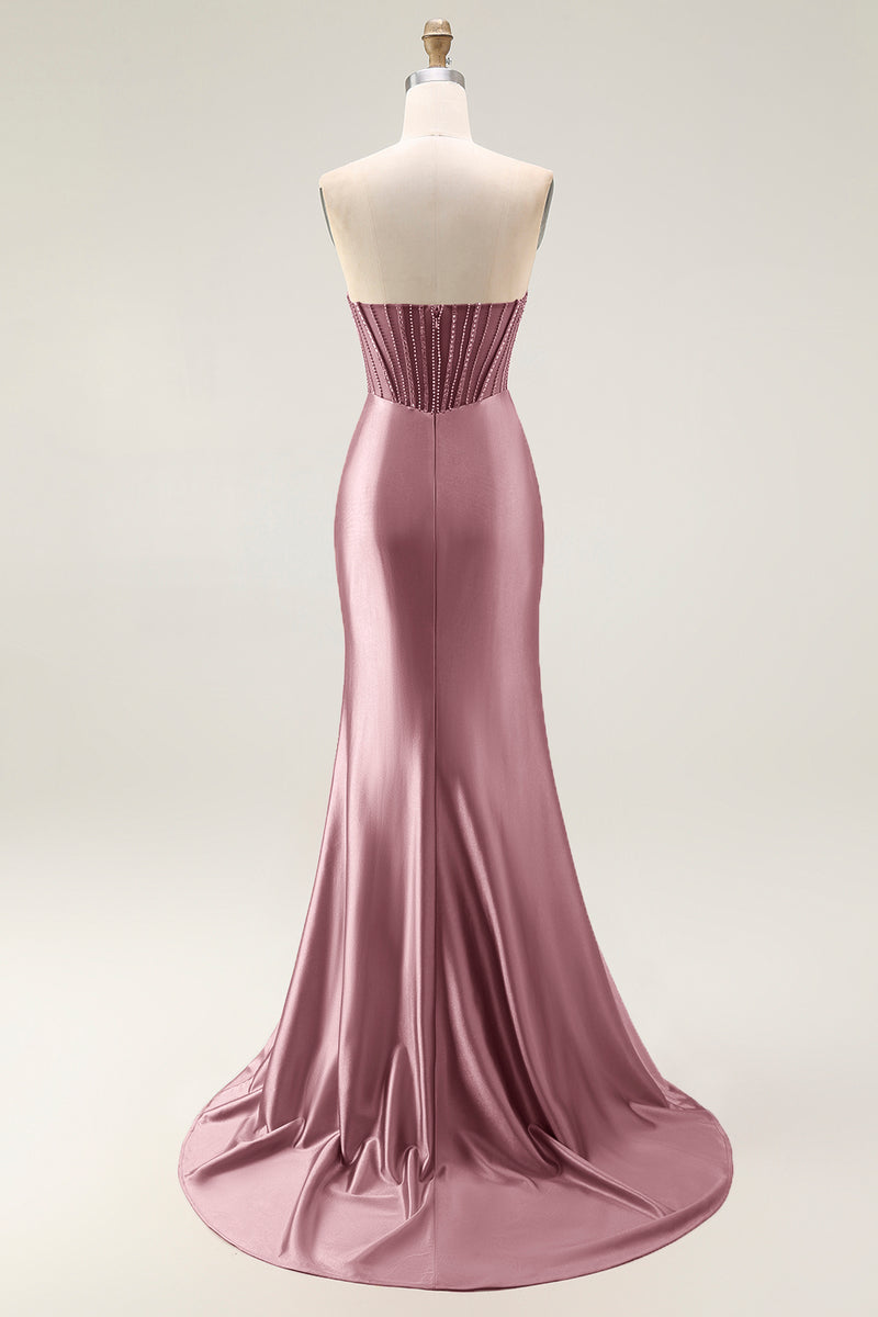 Load image into Gallery viewer, Sparkly Blush Strapless Mermaid Ruched Long Prom Dress with Slit