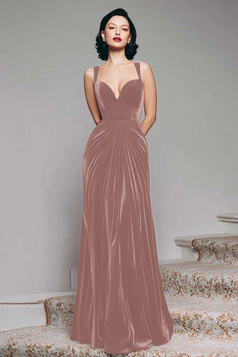 Load image into Gallery viewer, Burgundy Mermaid Velvet Thick Straps Ruched Long Holiday Party Dress