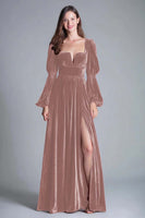 Load image into Gallery viewer, Burgundy A-Line Puff Sleeves Velvet Long Holiday Party Dress with Slit