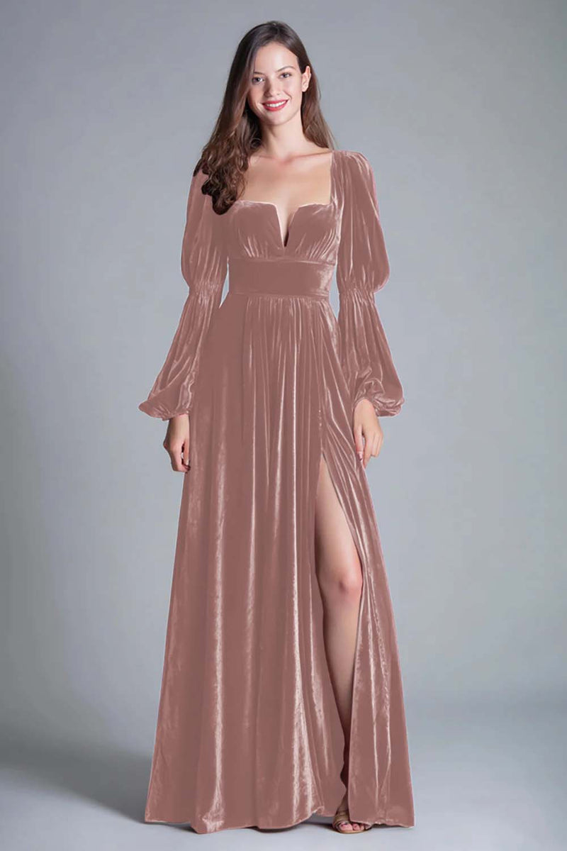 Load image into Gallery viewer, Burgundy A-Line Puff Sleeves Velvet Long Holiday Party Dress with Slit
