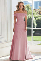 Load image into Gallery viewer, Off The Shoulder Taupe Sheath Mother of the Bride Dress with Lace