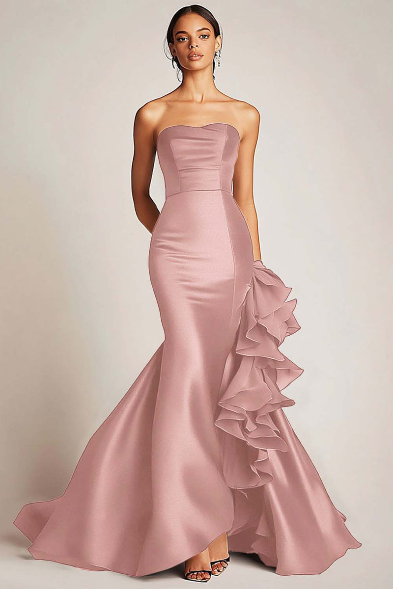 Load image into Gallery viewer, Satin Mermaid Long Black Tie Dress with Ruffles