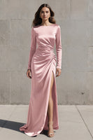 Load image into Gallery viewer, Olive Boat Neck Mermaid Long Sleeves Satin Evening Dress with Slit