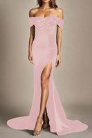 Load image into Gallery viewer, Black Off the Shoulder Mermaid Long Formal Dress with Slit