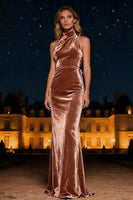 Load image into Gallery viewer, Purple Halter Neck Mermaid Long Velvet Holiday Party Dress