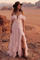 Load image into Gallery viewer, Ivory A Line Off the Shoulder Maxi Beach Wedding Dress with Ruffles