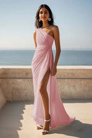 Load image into Gallery viewer, Chiffon One Shoulder Ruched Ivory Maxi Rehearsal Dinner Dress with Slit