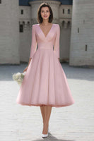 Load image into Gallery viewer, Ivory A Line V-Neck Midi Wedding Dress with Sleeves