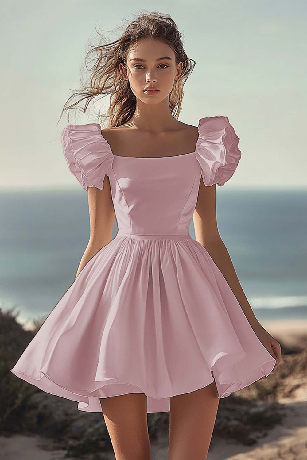 Dusty Rose Satin Mini Short Party Dress with Ruffles