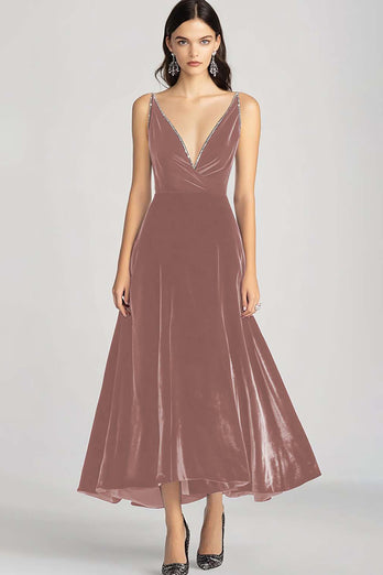 Burgundy Velvet V-Neck A Line Long Formal Dress