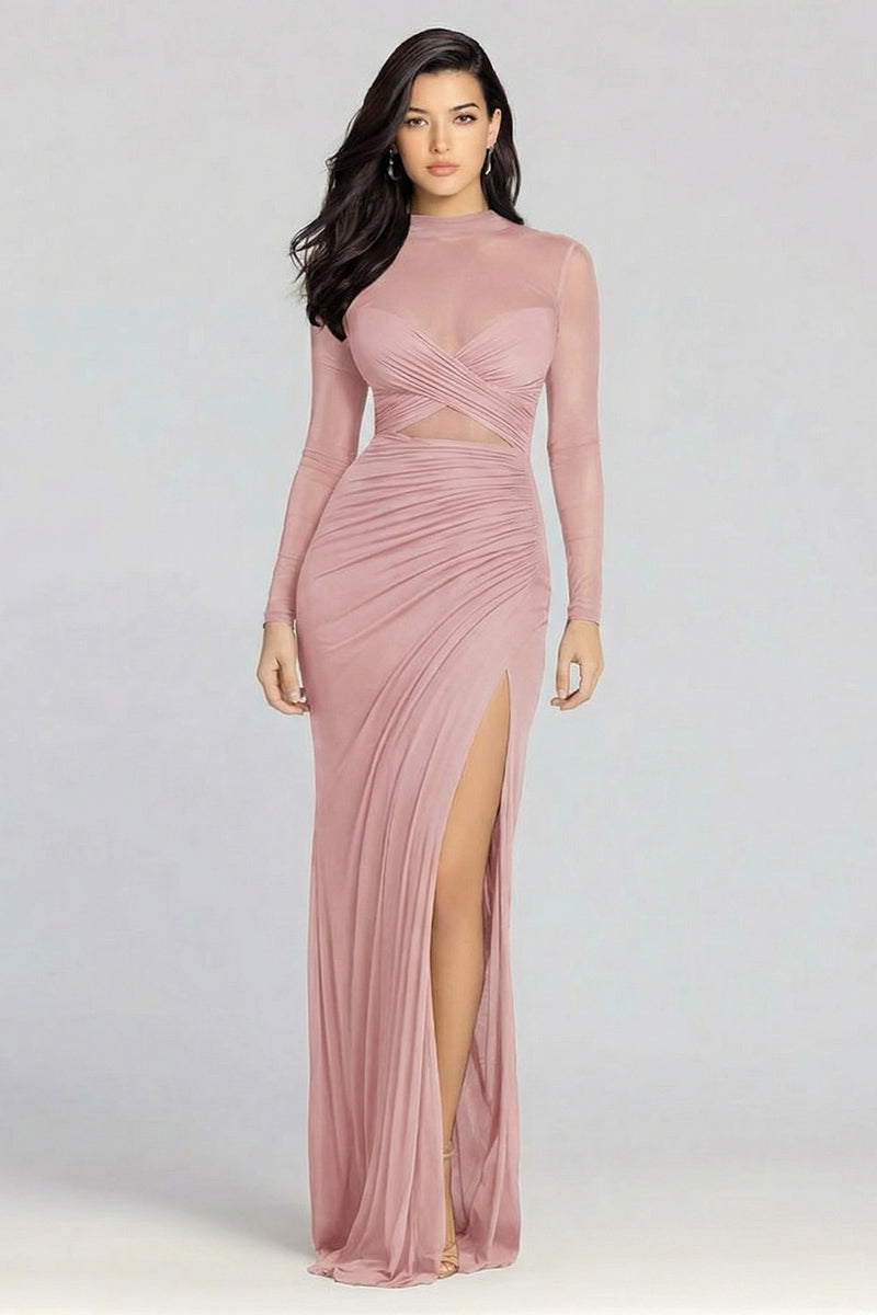 Load image into Gallery viewer, Illusion High Neck Sheath Long Sleeves Black Tie Dress with Slit