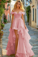 Load image into Gallery viewer, Yellow A Line Tiered Off the Shoulder Long Asymmetrical Prom Dress