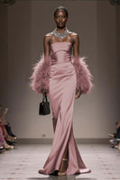 Load image into Gallery viewer, Silver Satin Mermaid Strapless Long Formal Dress with Slit