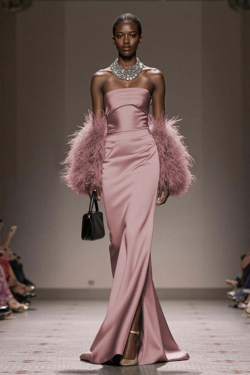 Load image into Gallery viewer, Silver Satin Mermaid Strapless Long Formal Dress with Slit