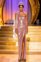 Load image into Gallery viewer, Sparkly Dark Green One Shoulder Long Sequin Pageant Dress with Slit