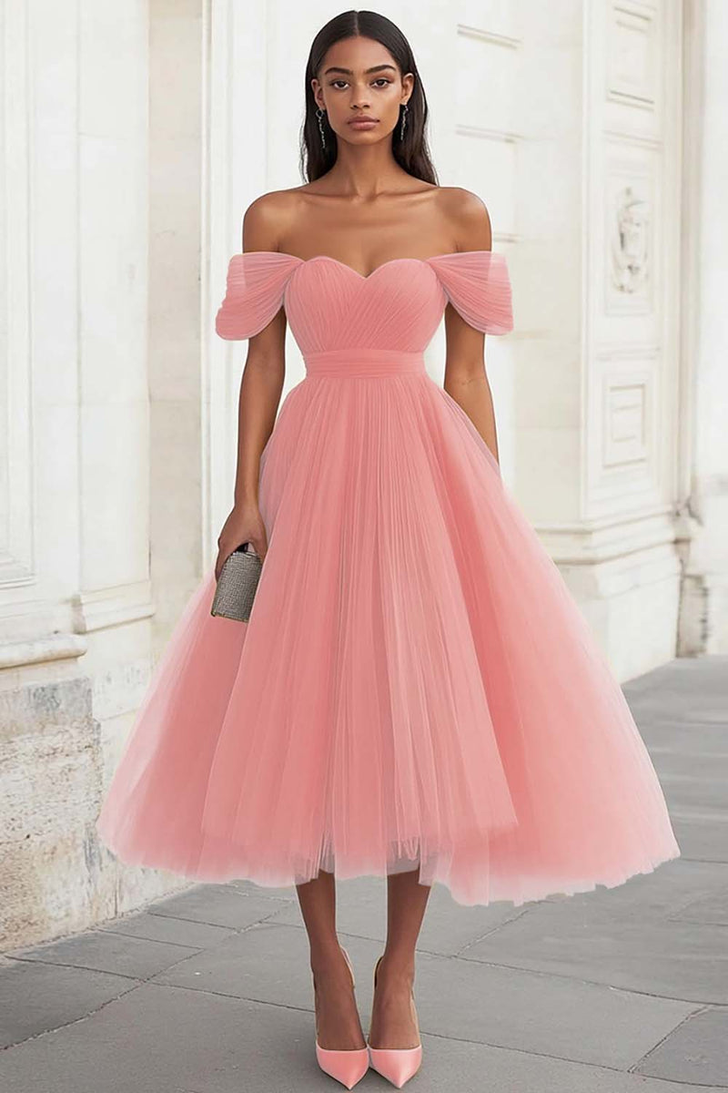 Load image into Gallery viewer, Yellow Tulle Off the Shoulder Midi Formal Dress