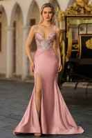 Load image into Gallery viewer, Plus Size Sparkly Dusty Blue Satin Beaded Long Corset Prom Dress with Slit