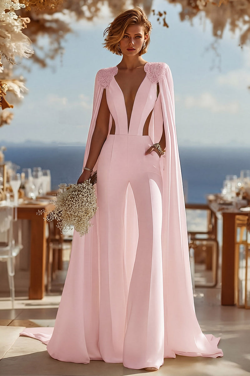 Load image into Gallery viewer, Ivory Cut Out Deep V-Neck Bridal Jumpsuits with Cape