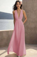 Load image into Gallery viewer, Chiffon Ivory Deep V-Neck Ruched Beach Maxi Engagement Dress