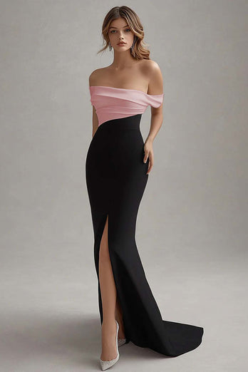 White Long Off the Shoulder Sheath Black Tie Dress with Slit