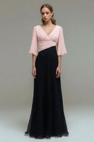 Load image into Gallery viewer, Black and White Ruched Chiffon Maxi Formal Dress with Sleeves