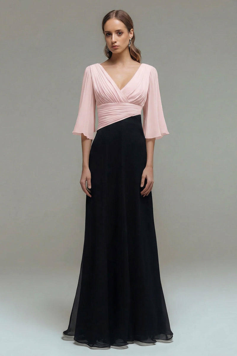 Load image into Gallery viewer, Black and White Ruched Chiffon Maxi Formal Dress with Sleeves