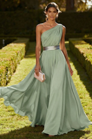 Load image into Gallery viewer, Olive Chiffon One Shoulder Ruched Long Formal Dress