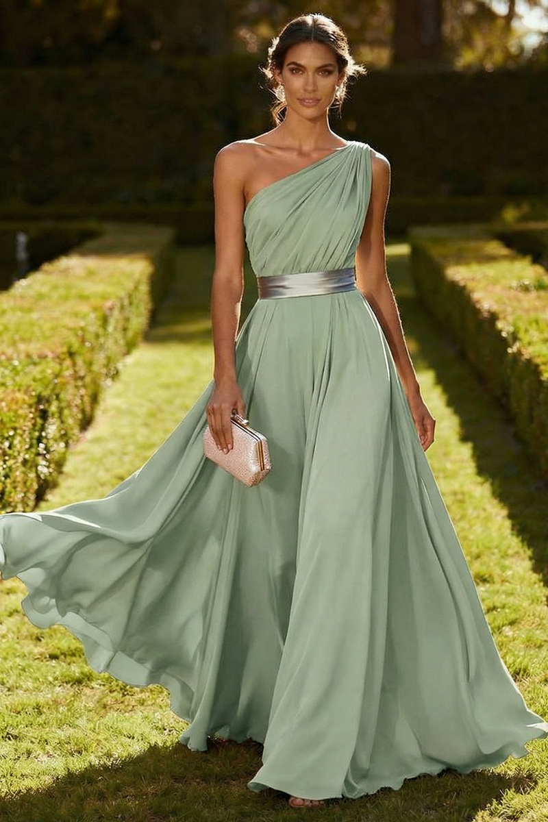 Load image into Gallery viewer, Olive Chiffon One Shoulder Ruched Long Formal Dress