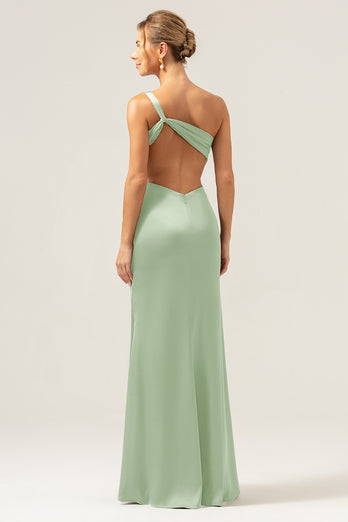 Black Mermaid Ruched Satin Long Bridesmaid Dress with Slit