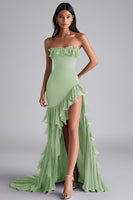Load image into Gallery viewer, Strapless Black Tiered Long Chiffon Formal Dress with Slit
