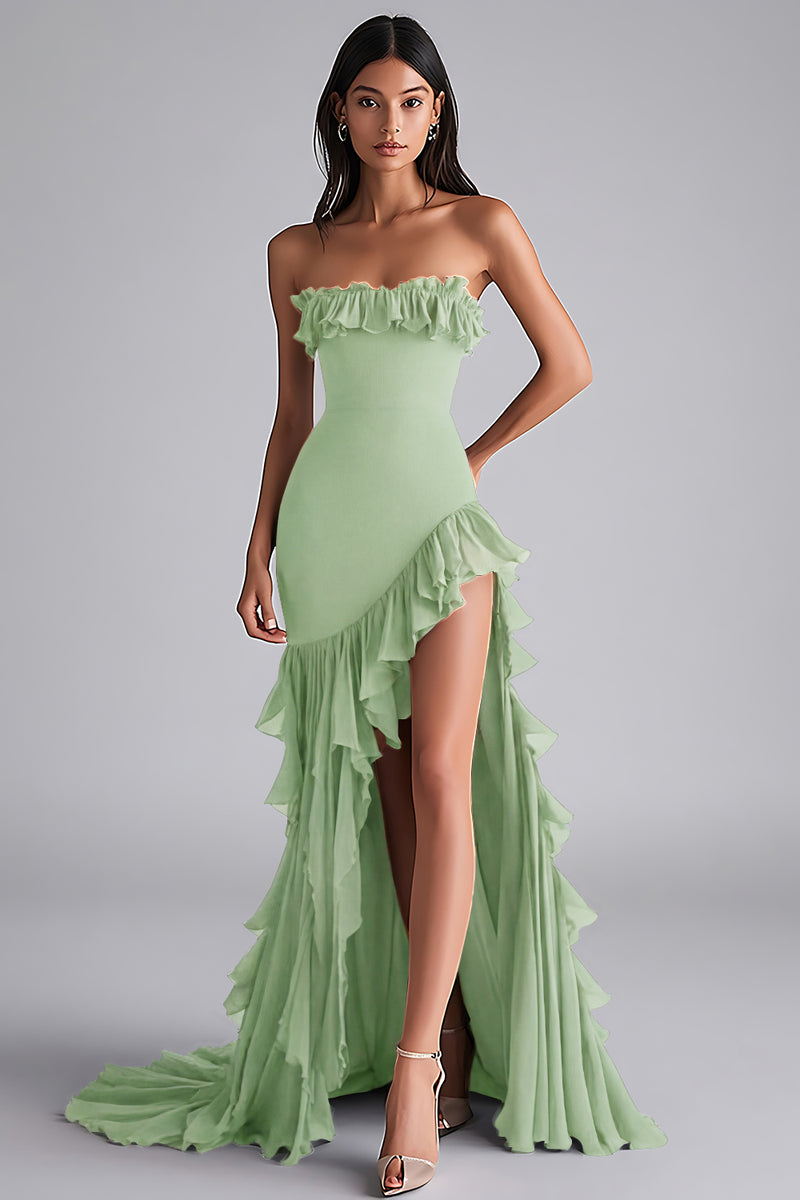 Load image into Gallery viewer, Strapless Black Tiered Long Chiffon Formal Dress with Slit