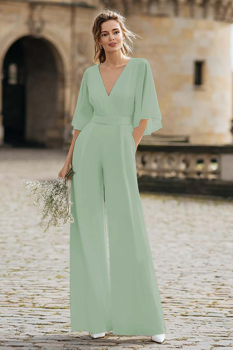 Load image into Gallery viewer, Ivory V-Neck Long Wedding Jumpsuits with Half Sleeves